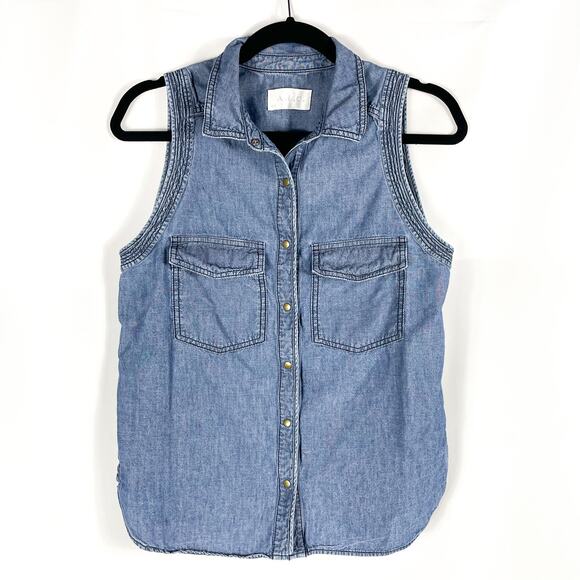 ALC Kelly Top Chambray Denim Blue Collared Snap Front Pockets Sleeveless Sz S - Picture 2 of 6